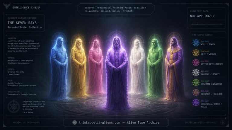 Dossier-style illustration of seven robed, luminous figures representing the Chohans of the Seven Rays