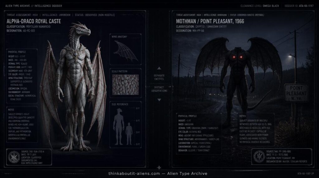 Split dossier-style illustration contrasting the Alpha-Draco royal caste with the separate Mothman entity, both linked to the name "Winged Draco"