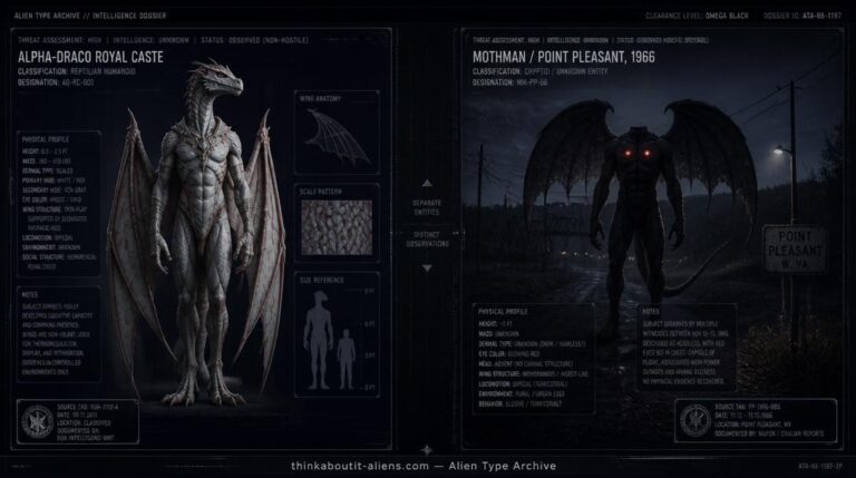 Split dossier-style illustration contrasting the Alpha-Draco royal caste with the separate Mothman entity, both linked to the name "Winged Draco"