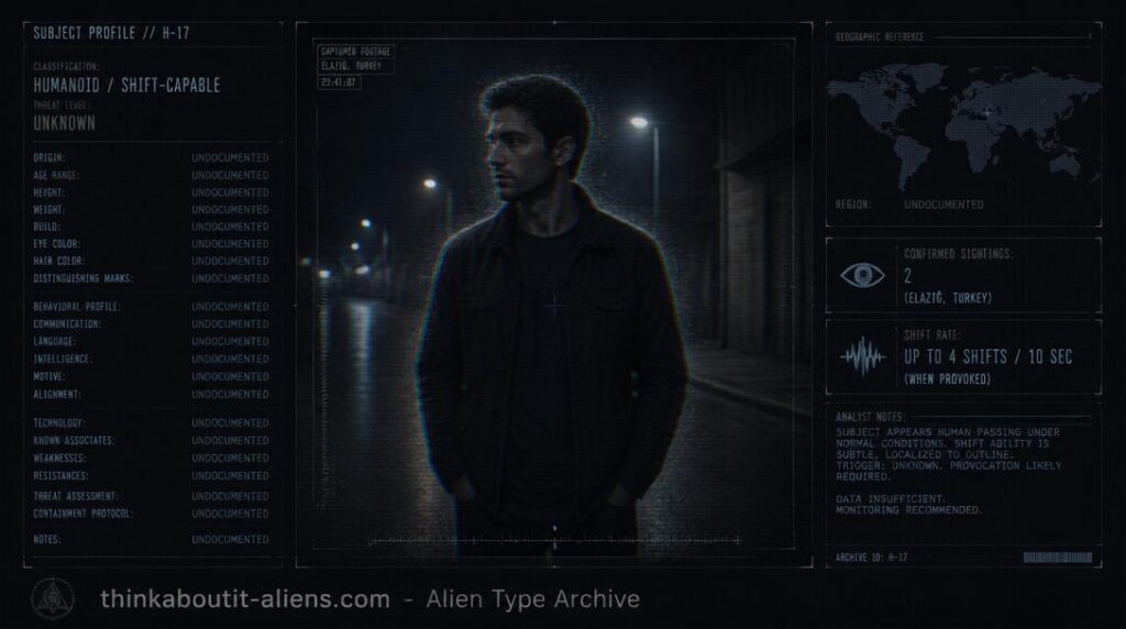 Dossier-style illustration of the X-1Z, a shapeshifting alien type with a subtle provoked-state distortion effect