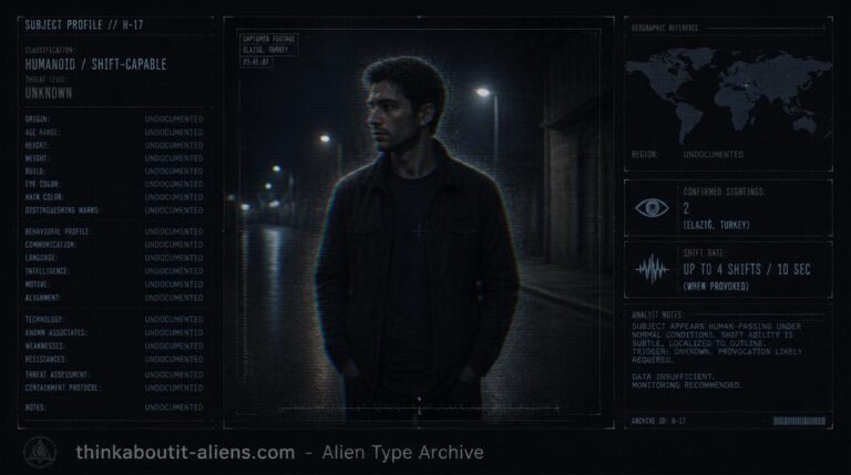Dossier-style illustration of the X-1Z, a shapeshifting alien type with a subtle provoked-state distortion effect
