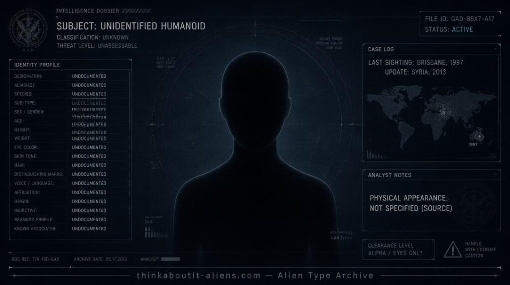Dossier-style illustration of the X5-Tykut, a featureless silhouette representing an alien type whose appearance is not specified in the source
