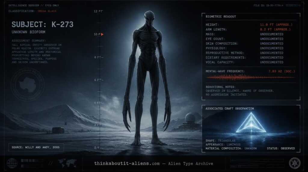 Dossier-style illustration of a Yukonadious Grey, an eleven-foot hostile alien type, alongside its luminous triangular craft