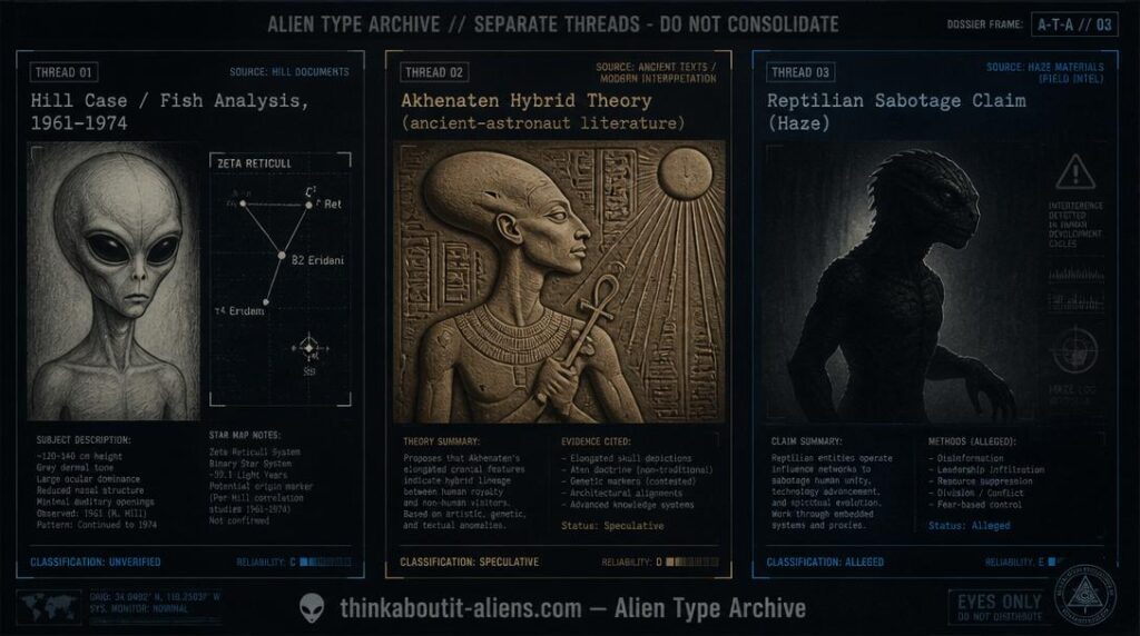 Three-panel dossier-style illustration separating the Hill case, the Akhenaten alien-hybrid theory, and a reptilian sabotage claim