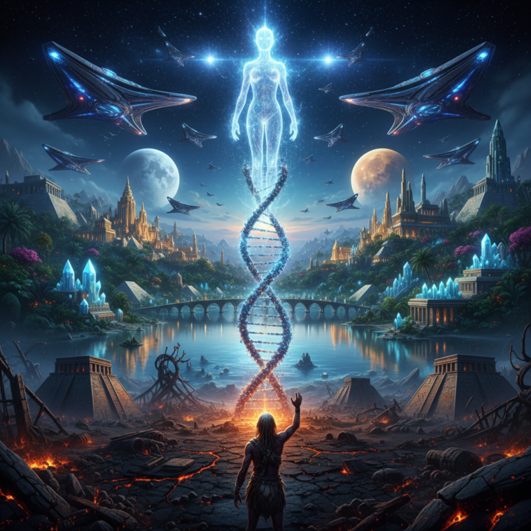 A massive, multi-layered vertical composition illustrating the timeline of Earth. At the bottom, ancient ruins of Sumer and a nuclear-charred landscape; in the middle, the lush, crystalline golden cities of Atlantis and Lemuria under two moons; at the top, majestic starships from the Galactic Federation descending from the Vega system. The central focus is a double-helix DNA strand shimmering with starlight, connecting a primitive human to an ethereal, light-based alien ancestor. 8k, cinematic, epic scale, vivid colors.