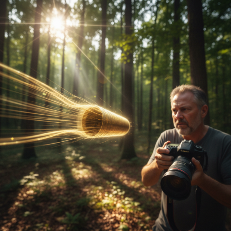 A high-speed action shot of a "Rod" or "Skyfish" zipping through a sunlit forest clearing. The entity is a semi-translucent, shimmering gold cylinder with a blurred, undulating membrane along its sides, creating a sense of extreme velocity. In the background, a skeptical photographer with a professional camera is looking the other way, unaware of the object. Hyper-realistic, 8k, motion-blur effects, National Geographic style photography
