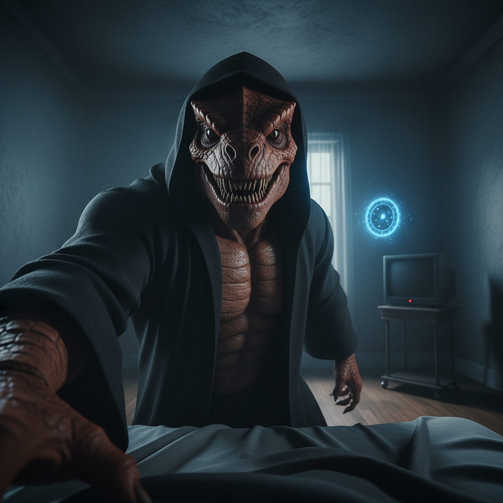 A first-person perspective from a bed in a dark, moonlit room. Looming over the camera is a massive, muscular reptilian humanoid with reddish-clay colored scales and sharp, jagged teeth. The creature is wearing a dark, hooded academic-style robe. In the background, a small, glowing blue circular portal (stargate) is hovering near a TV set. The atmosphere is heavy, suffocating, and terrifyingly realistic. 8k, cinematic lighting, horror aesthetic.