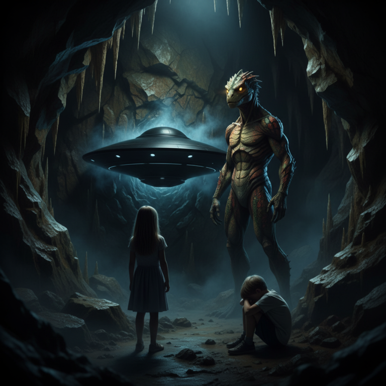 A cinematic, atmospheric shot from deep inside a jagged limestone cave. In the center, a sleek, matte-black disc-shaped craft sits partially embedded in the rock, emitting a faint, cold blue mist. Standing next to it is a tall, athletic reptilian humanoid with mottled brown, green, and red scales, its eyes glowing with a predatory intelligence. Two small children are visible in the foreground, one looking frozen in a trance. The lighting is dark and moody, emphasizing the claustrophobic and otherworldly nature of the scene. 8k resolution, hyper-realistic.