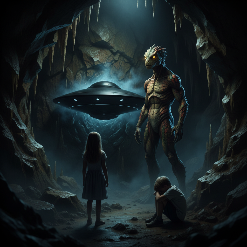 A cinematic, atmospheric shot from deep inside a jagged limestone cave. In the center, a sleek, matte-black disc-shaped craft sits partially embedded in the rock, emitting a faint, cold blue mist. Standing next to it is a tall, athletic reptilian humanoid with mottled brown, green, and red scales, its eyes glowing with a predatory intelligence. Two small children are visible in the foreground, one looking frozen in a trance. The lighting is dark and moody, emphasizing the claustrophobic and otherworldly nature of the scene. 8k resolution, hyper-realistic.
