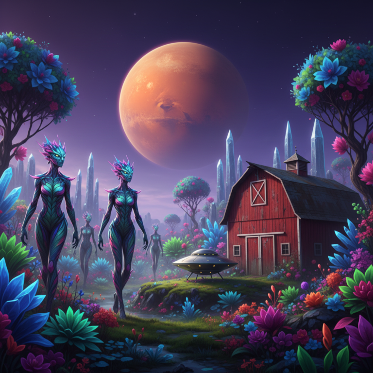 A breathtaking sci-fi landscape of the hidden planet Orion. The sky is a deep violet with a large, orange-tinted Mars visible in the distance. The foreground features sentient, tall, graceful plant-like beings (Garudias) with iridescent, leaf-like skin and glowing floral bioluminescence. They are walking through a garden of crystalline structures and strange, oxygen-rich flora. In the background, a small, silver saucer-shaped craft is parked near a rustic Michigan-style barn that has been transported into this alien world. 8k, ethereal, hyper-detailed.