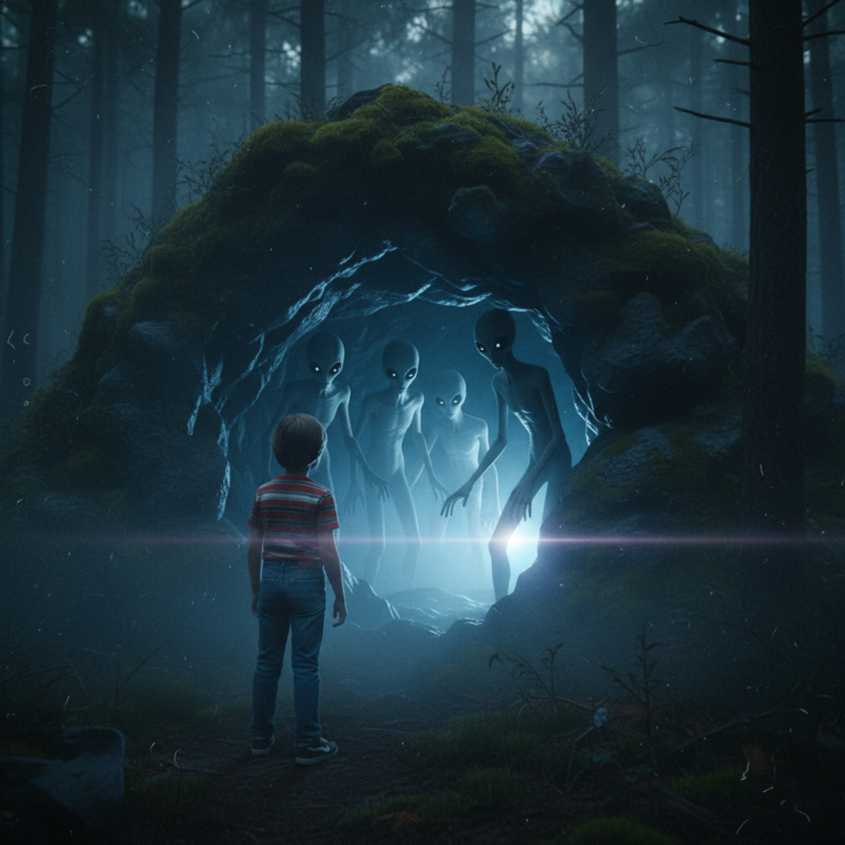 A nostalgic, slightly grainy 1980s-style cinematic shot. A small 6-year-old boy stands at the mouth of a dark, jagged cave in a misty forest at twilight. Emerging from the shadows of the cave are several slender, pale-grey humanoid figures with large, reflective black eyes, their hands reaching out toward the child. The lighting is low and atmospheric, with a faint, unnatural blue glow emanating from deep within the cavern. 8k, Spielbergian aesthetic, eerie and mysterious.