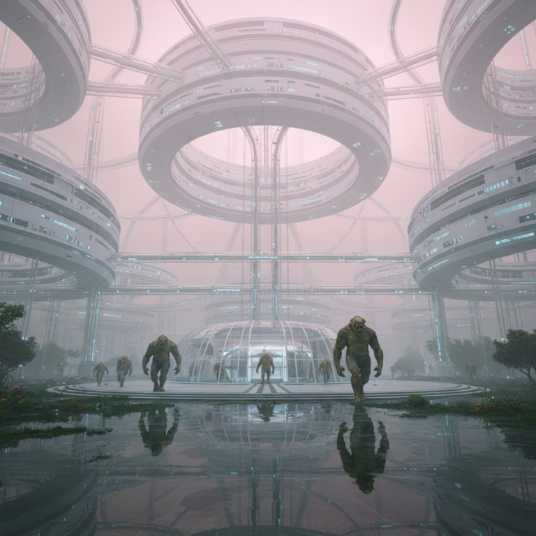 A sprawling, high-tech Iargan city on a dusky green planet under a soft pink sky. The landscape is dominated by massive, mile-wide white cylindrical "house-rings" that float or sit gracefully amidst vast networks of automated transit tubes. The atmosphere is dense and misty, with large, muscular amphibian-like humanoids with armored skulls walking through glass-walled plazas. The aesthetic is ultra-clean, symmetrical, and perfectly integrated with the surrounding water-covered terrain. 8k, futuristic architectural photography style.