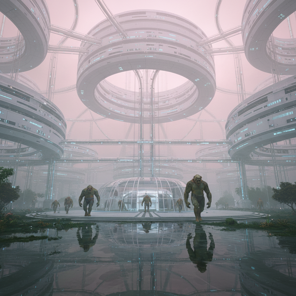 A sprawling, high-tech Iargan city on a dusky green planet under a soft pink sky. The landscape is dominated by massive, mile-wide white cylindrical "house-rings" that float or sit gracefully amidst vast networks of automated transit tubes. The atmosphere is dense and misty, with large, muscular amphibian-like humanoids with armored skulls walking through glass-walled plazas. The aesthetic is ultra-clean, symmetrical, and perfectly integrated with the surrounding water-covered terrain. 8k, futuristic architectural photography style.