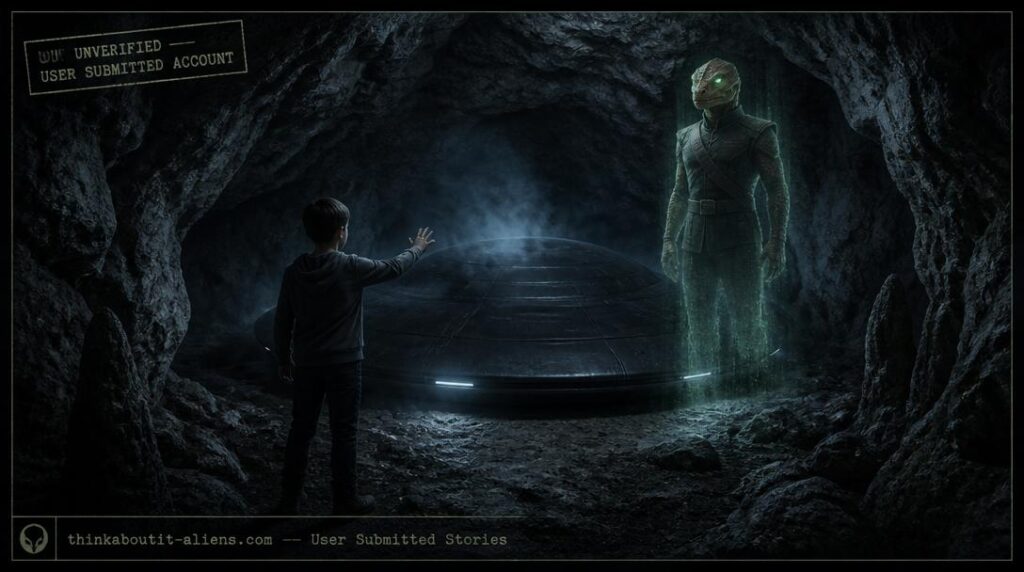 Dark limestone cave interior with a matte-black disc craft and a partially materialized brown-green Reptilian entity facing a frozen ten-year-old boy