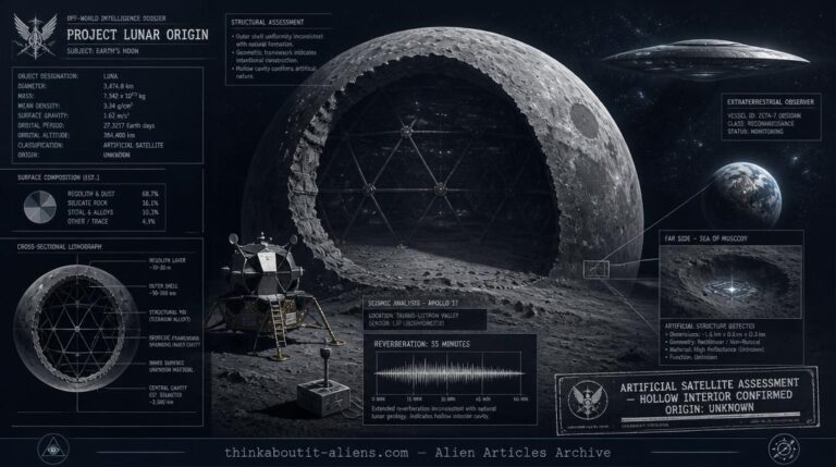 Moon shown in cross-section revealing hollow interior with geometric structural supports, Apollo landing module with seismic sensor showing 55-minute reverberation waveform, and a glowing rectangular structure in the Sea of Muscovy