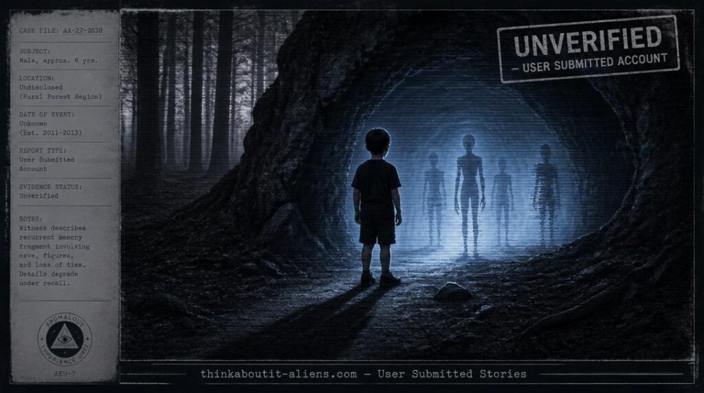 A six-year-old boy standing at a dark cave entrance in a misty twilight forest with faint blue-white glow and fragmenting grey humanoid silhouettes dissolving inside