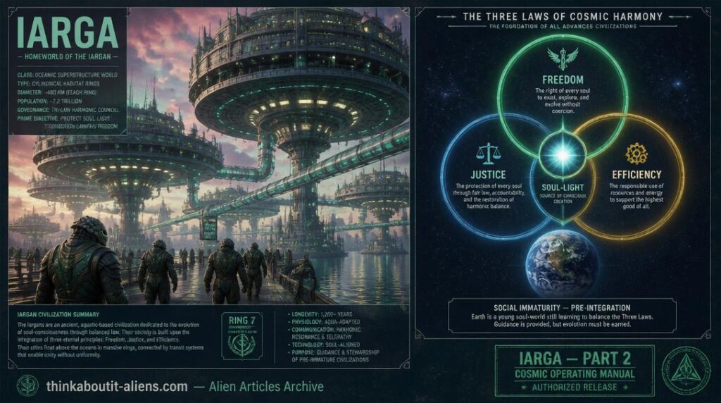 Split illustration showing Iargan house-ring city under pink-green sky on left and cosmic three-law diagram with Earth labeled social immaturity on right