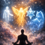 A high-quality, ethereal digital art piece showing a silhouette of a human in a deep meditative state. Above them, four distinct energy forms emerge: a glowing humanoid Guide, a feathered being of pure golden light (Angel), a translucent geometric star-being (ET), and a shimmering blue spirit of a wolf. The background features a cosmic nebula merging with a sacred geometry grid. Cinematic lighting, 8k resolution, mystical and serene atmosphere.