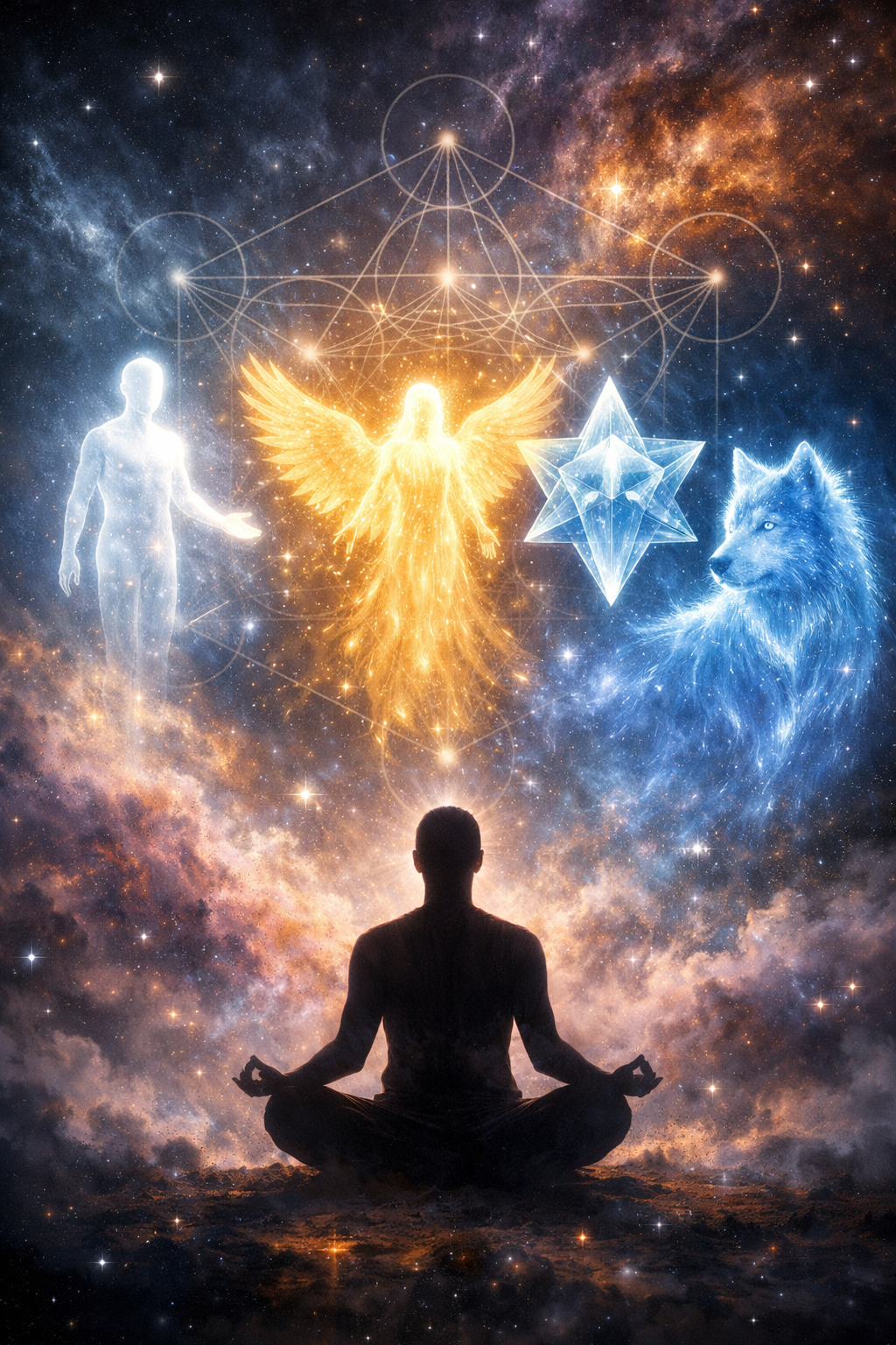 A high-quality, ethereal digital art piece showing a silhouette of a human in a deep meditative state. Above them, four distinct energy forms emerge: a glowing humanoid Guide, a feathered being of pure golden light (Angel), a translucent geometric star-being (ET), and a shimmering blue spirit of a wolf. The background features a cosmic nebula merging with a sacred geometry grid. Cinematic lighting, 8k resolution, mystical and serene atmosphere.
