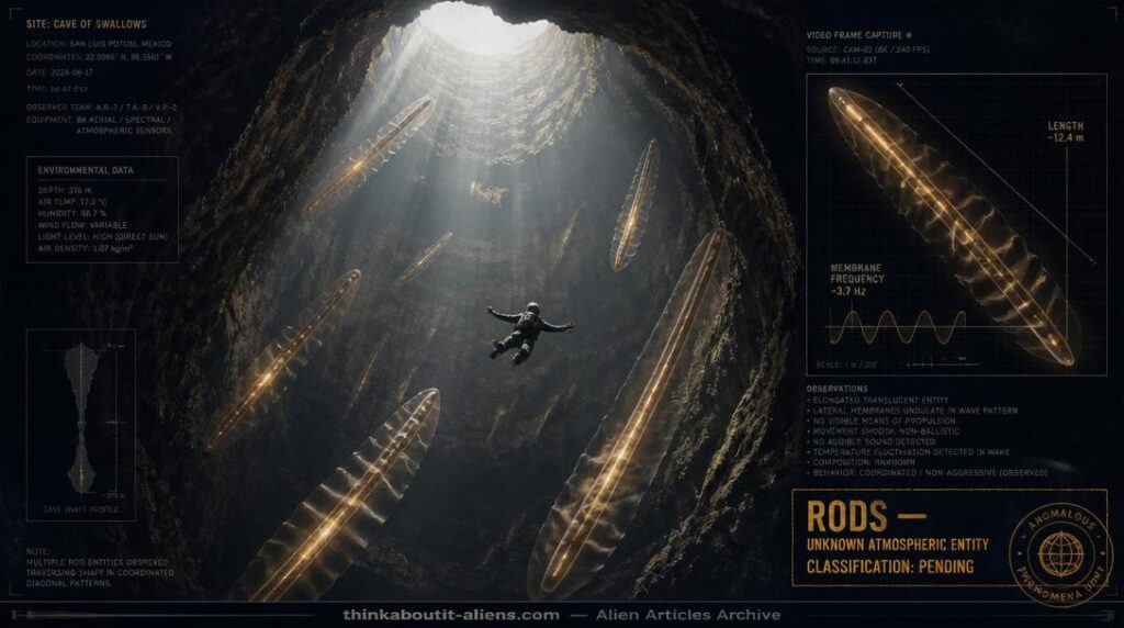 Multiple translucent Rod entities streaking through the Cave of Swallows vertical shaft alongside a base-jumping skydiver, with annotated video frame capture in corner