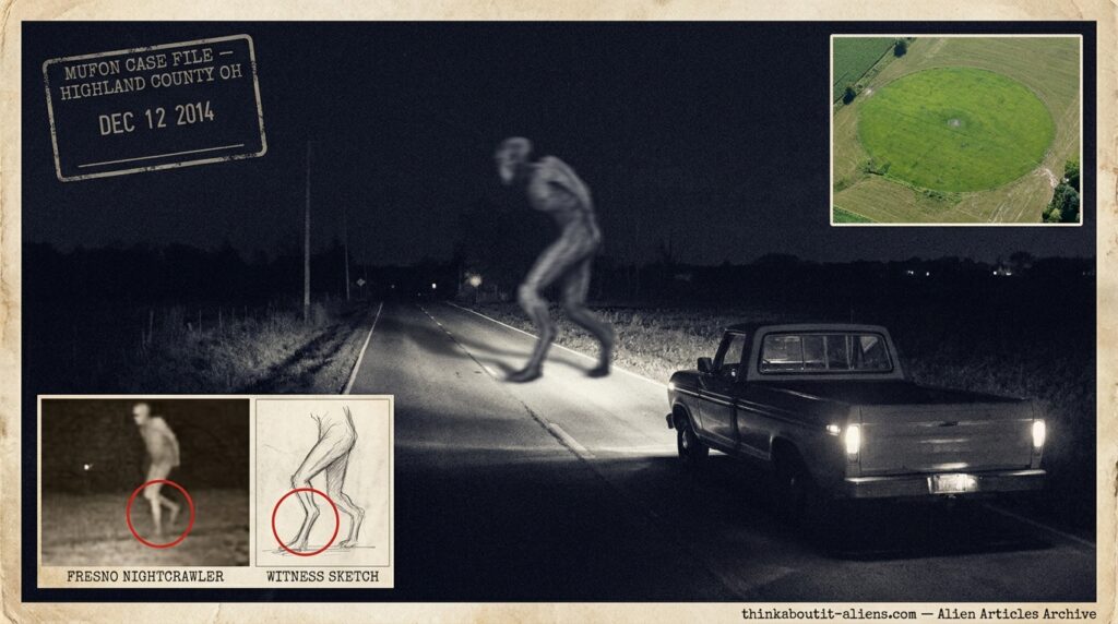 Seven-foot asphalt-grey creature with backward-bending knees crossing a dark Ohio road in headlight beams, truck stopped behind, Fresno Nightcrawler comparison inset and green grass circle aerial view