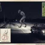 Seven-foot asphalt-grey creature with backward-bending knees crossing a dark Ohio road in headlight beams, truck stopped behind, Fresno Nightcrawler comparison inset and green grass circle aerial view