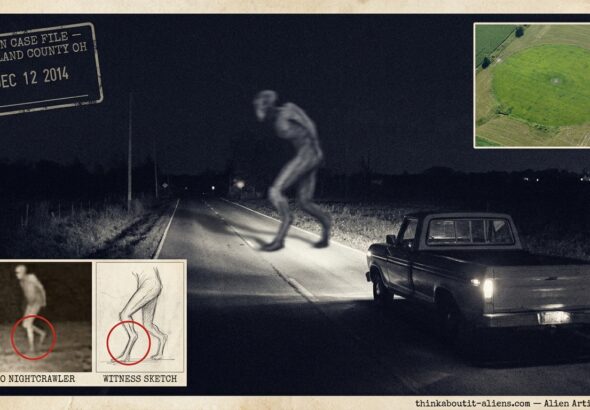 Seven-foot asphalt-grey creature with backward-bending knees crossing a dark Ohio road in headlight beams, truck stopped behind, Fresno Nightcrawler comparison inset and green grass circle aerial view