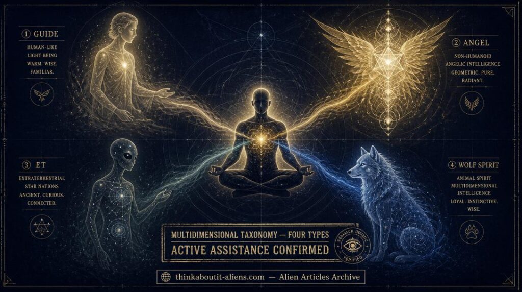 Meditating human silhouette with four multidimensional beings in quadrants — translucent Guide, geometric golden Angel, semi-transparent ET with star-map patterns, and luminous blue wolf spirit