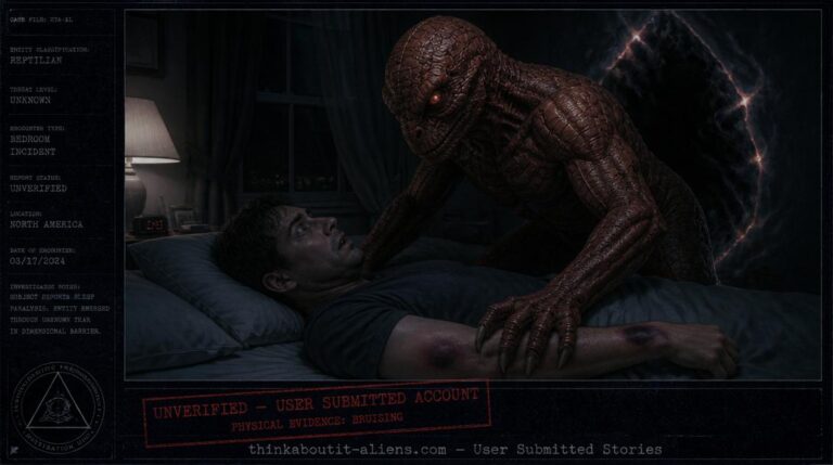 Reddish-clay Reptilian entity with dull red-glowing eyes crouched over a paralyzed witness on a bed, bruise marks forming on the arm, with an interdimensional portal tear visible behind