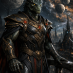 A hyper-realistic, cinematic depiction of an Alpha Draconian royal standing on a balcony overlooking a futuristic, dark obsidian city in the Orion constellation. The being is tall, with muscular reptilian features, iridescent scales, and piercing yellow eyes. They are wearing ornate, ancient armor that looks both technological and ceremonial. In the sky above, multiple moons and a distant nebula are visible. The atmosphere is imposing, regal, and slightly menacing. 8k resolution, dramatic shadows, sci-fi concept art style.