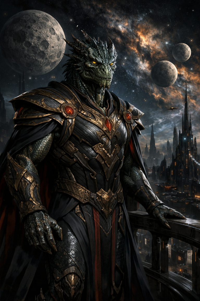A hyper-realistic, cinematic depiction of an Alpha Draconian royal standing on a balcony overlooking a futuristic, dark obsidian city in the Orion constellation. The being is tall, with muscular reptilian features, iridescent scales, and piercing yellow eyes. They are wearing ornate, ancient armor that looks both technological and ceremonial. In the sky above, multiple moons and a distant nebula are visible. The atmosphere is imposing, regal, and slightly menacing. 8k resolution, dramatic shadows, sci-fi concept art style.