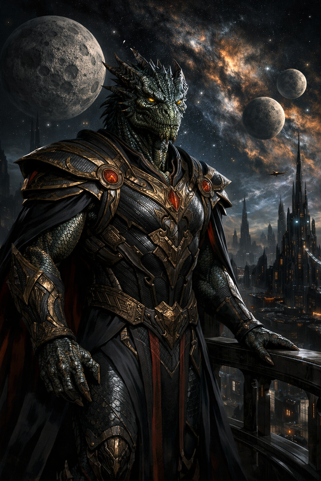 A hyper-realistic, cinematic depiction of an Alpha Draconian royal standing on a balcony overlooking a futuristic, dark obsidian city in the Orion constellation. The being is tall, with muscular reptilian features, iridescent scales, and piercing yellow eyes. They are wearing ornate, ancient armor that looks both technological and ceremonial. In the sky above, multiple moons and a distant nebula are visible. The atmosphere is imposing, regal, and slightly menacing. 8k resolution, dramatic shadows, sci-fi concept art style.