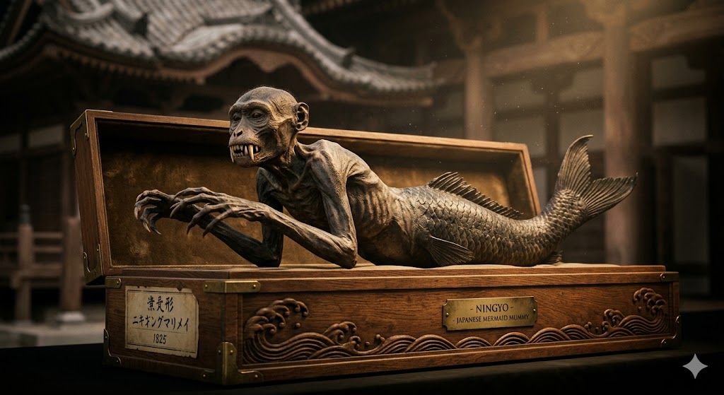 A preserved Japanese mermaid mummy (Ningyo) showing the hybrid of a monkey and a fish.