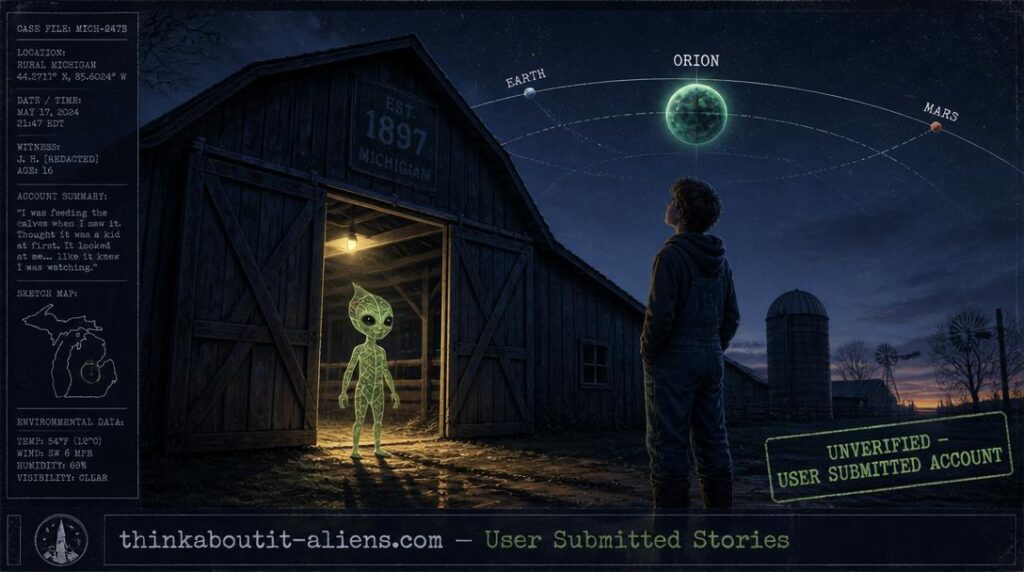 Michigan farm barn at twilight with a small translucent plant-like being at the threshold and a hidden planet labeled Orion visible between Earth and Mars orbital arcs