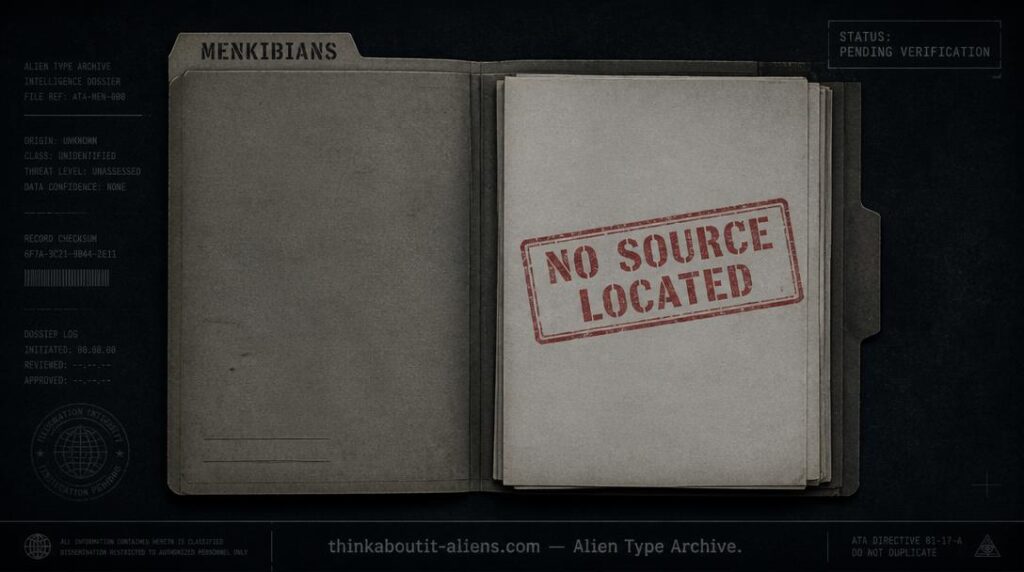 An empty case file stamped "No Source Located" representing the unverified Menkibians entry