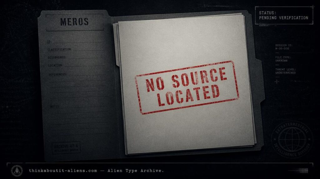 An empty case file stamped "No Source Located" representing the unverified Meros entry