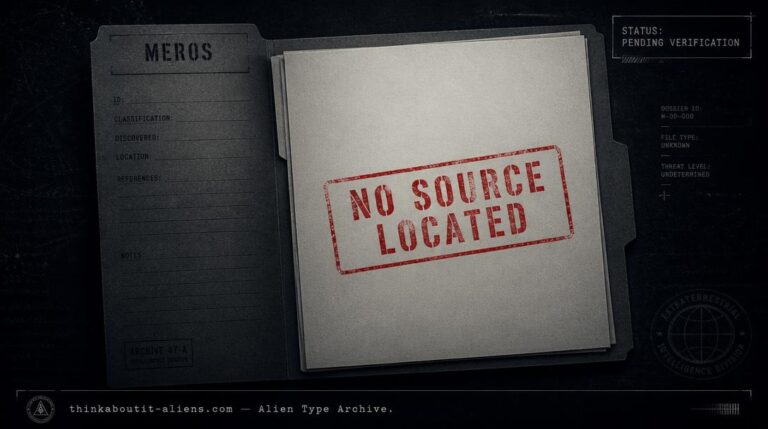 An empty case file stamped "No Source Located" representing the unverified Meros entry