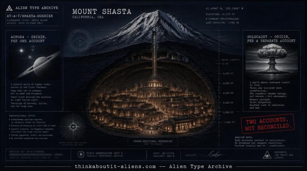 New Lemurians: Dossier illustration of the underground city of Telos beneath Mount Shasta, with two separate vignettes representing conflicting origin stories