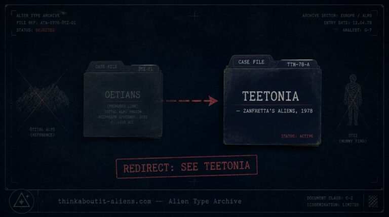 Dossier illustration showing an arrow redirecting from an "Oetians" case file to the "Teetonia" case file