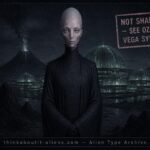 Dossier illustration of a tall, hairless, pale grey-pink humanoid Ozman figure before green translucent domed buildings on a volcanic world