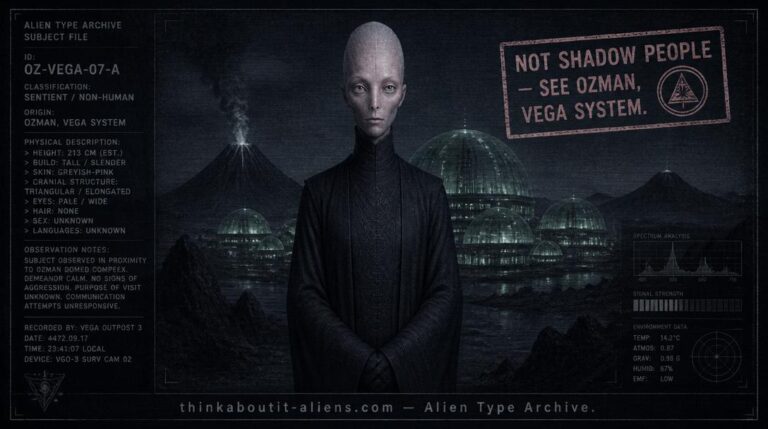 Dossier illustration of a tall, hairless, pale grey-pink humanoid Ozman figure before green translucent domed buildings on a volcanic world