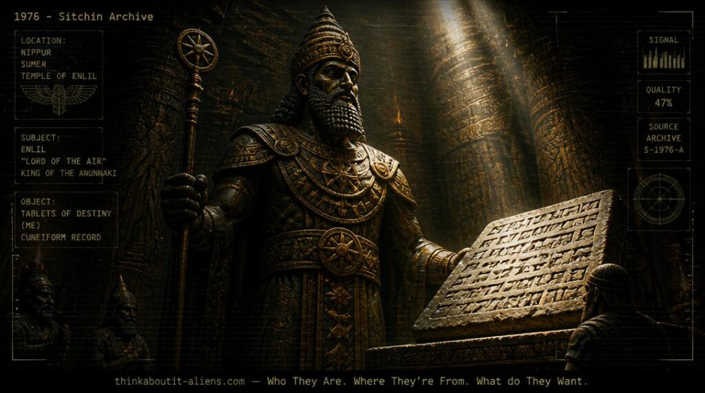 Artistic representation of the Anunnaki figure Enlil in a Sumerian temple setting, designed in a dossier archive style.