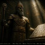 Artistic representation of the Anunnaki figure Enlil in a Sumerian temple setting, designed in a dossier archive style.