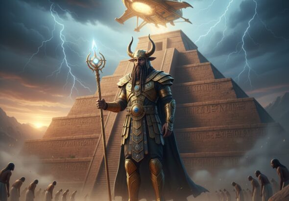 10-foot tall Enlil Anunnaki lord in golden armor standing before a Mesopotamian ziggurat with a hovering chariot.