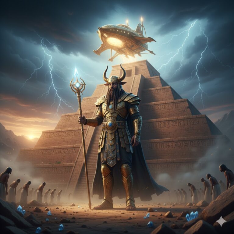 10-foot tall Enlil Anunnaki lord in golden armor standing before a Mesopotamian ziggurat with a hovering chariot.