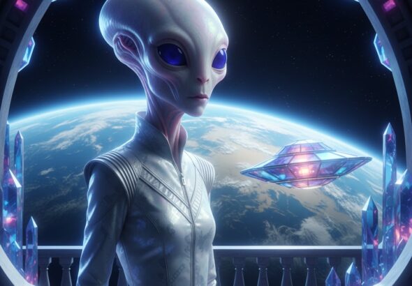 A slender Meros alien from the Boötes Constellation with pearlescent skin and indigo eyes standing on a crystalline ship balcony overlooking the Earth's atmosphere.