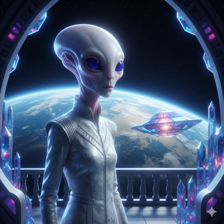 A slender Meros alien from the Boötes Constellation with pearlescent skin and indigo eyes standing on a crystalline ship balcony overlooking the Earth's atmosphere.