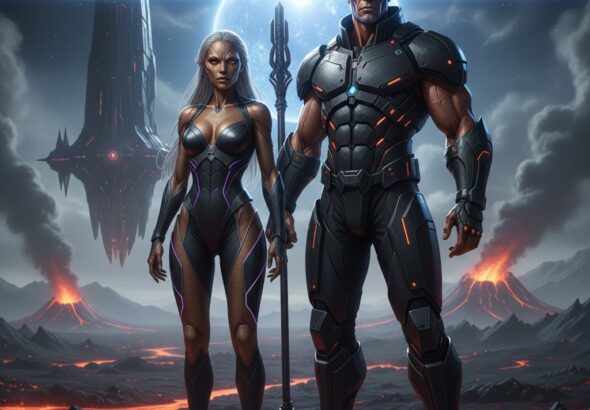 A male and female of the Menkibians standing on a volcanic plateau with an obsidian dreadnought and the blue giant star Xi Persei in the background.