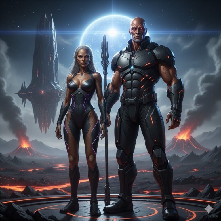 A male and female of the Menkibians standing on a volcanic plateau with an obsidian dreadnought and the blue giant star Xi Persei in the background.