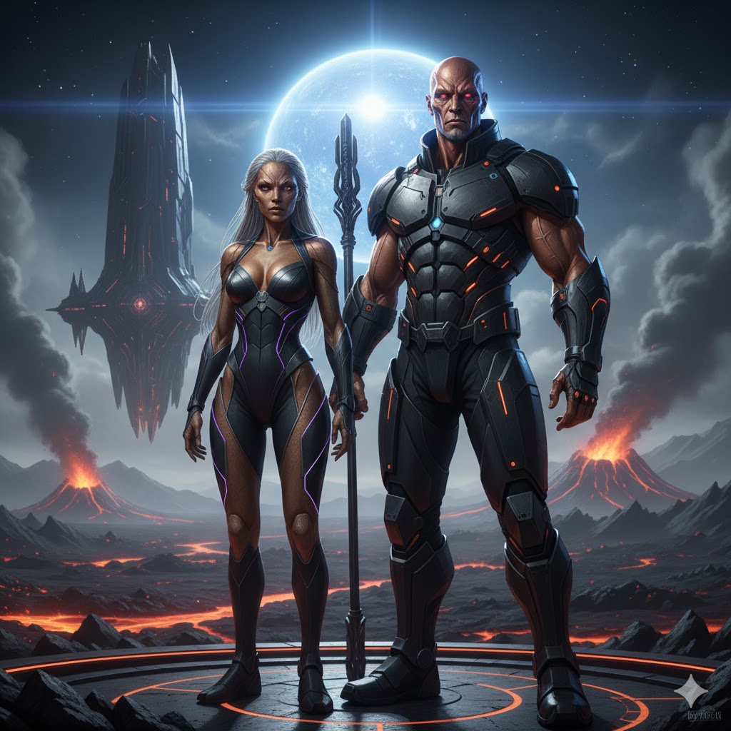 A male and female of the Menkibians standing on a volcanic plateau with an obsidian dreadnought and the blue giant star Xi Persei in the background.